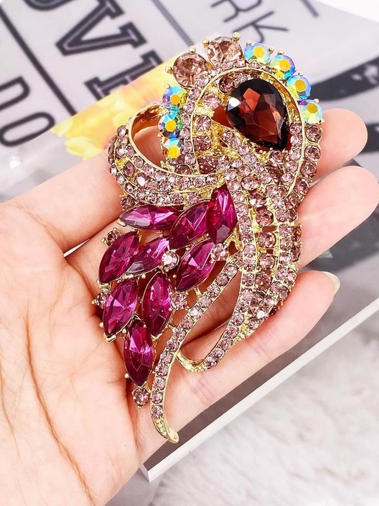 Anthropologie Jewelry - Anthropologie Gold Tone Pink and Burgundy Crystal Feather Brooch
